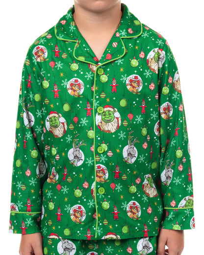 Shrek Pajamas Boy's Holiday Ornaments Long Sleeve Button Up Pant Set (14/16)