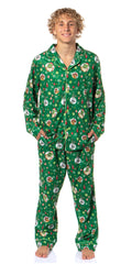 Shrek Men's Christmas Donkey Puss in Boots Tossed Print Button Down Sleep Pajama Set