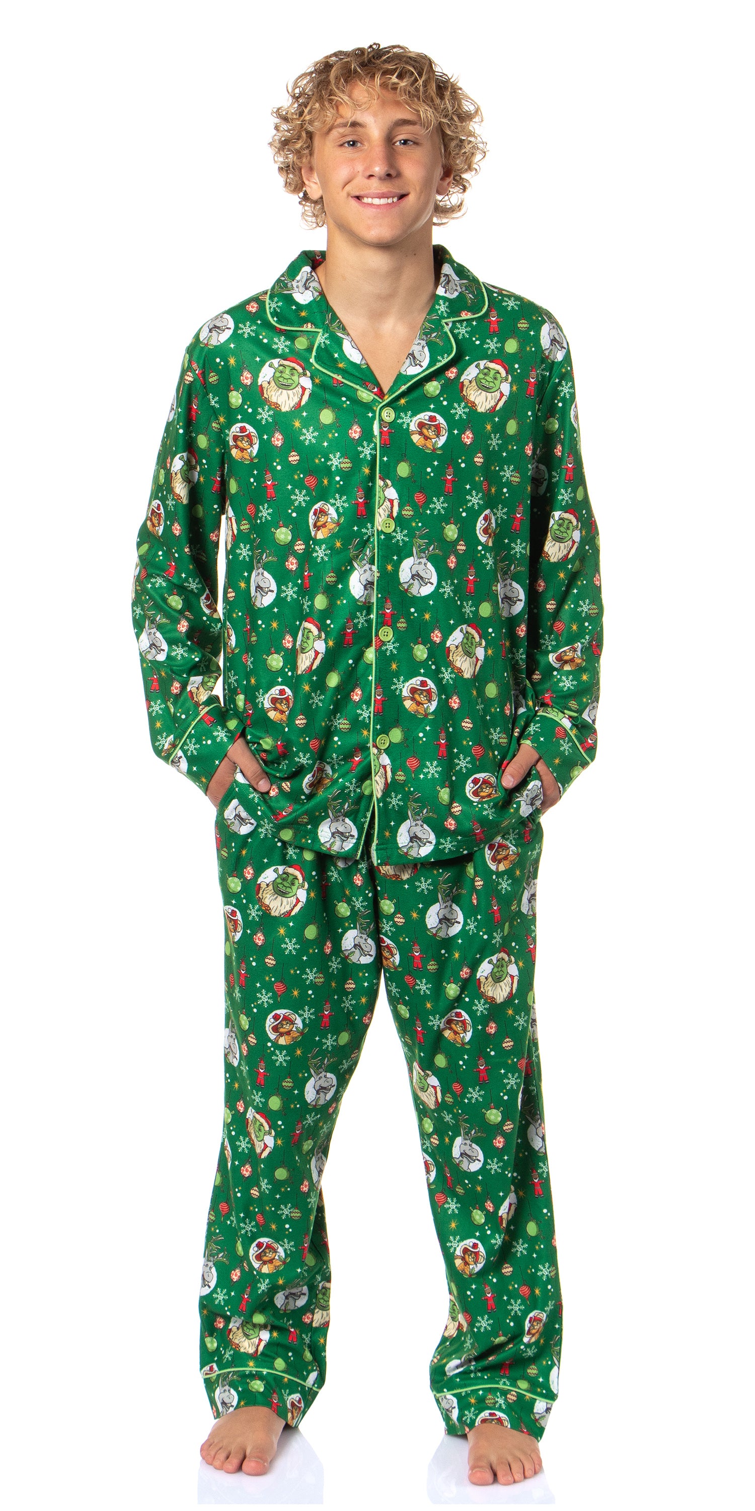 Shrek Men's Christmas Tossed Print Button Down Sleep Pajama Set