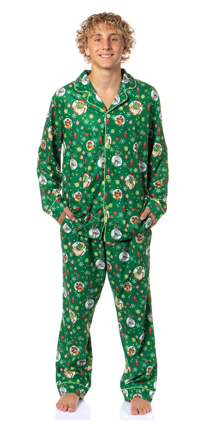 Shrek Men's Christmas Tossed Print Button Down Sleep Pajama Set