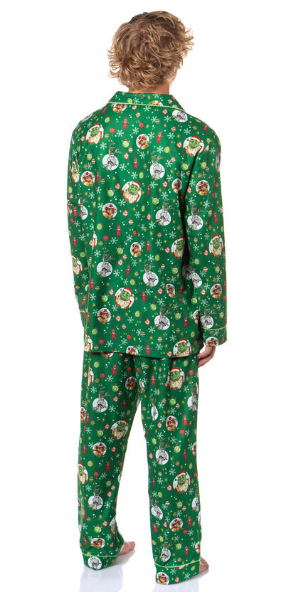 Shrek Men's Christmas Tossed Print Button Down Sleep Pajama Set