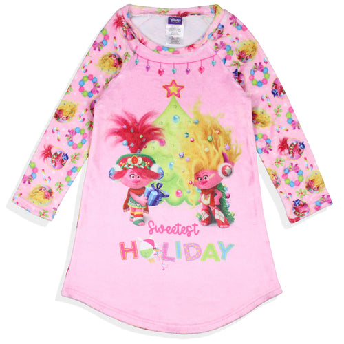 Trolls Girl's Sweetest Holiday Poppy And Viva Plush Fleece Raglan Kids Pajama Nightgown