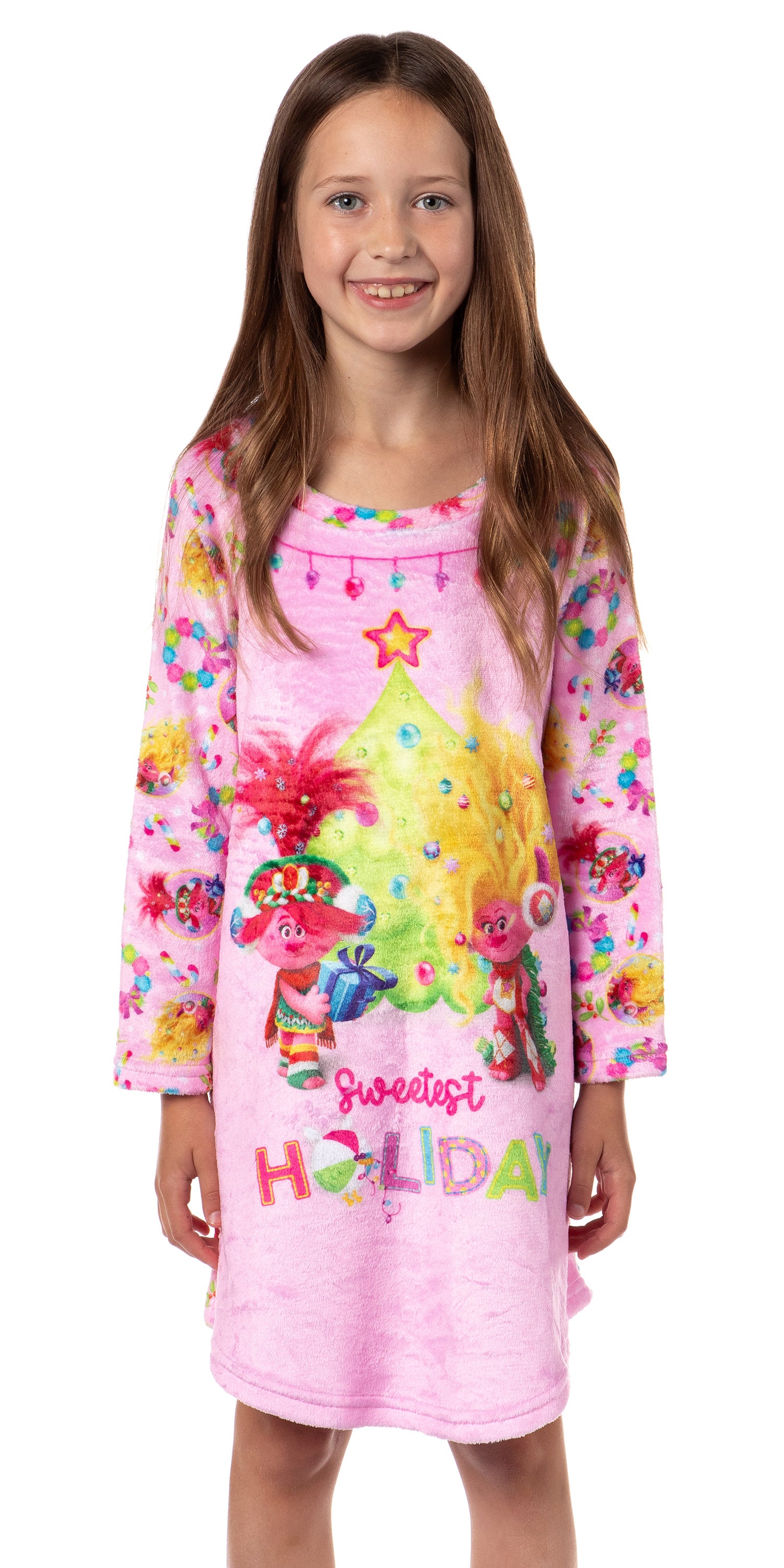 Trolls Girl's Sweetest Holiday Poppy And Viva Plush Fleece Raglan Kids Pajama Nightgown