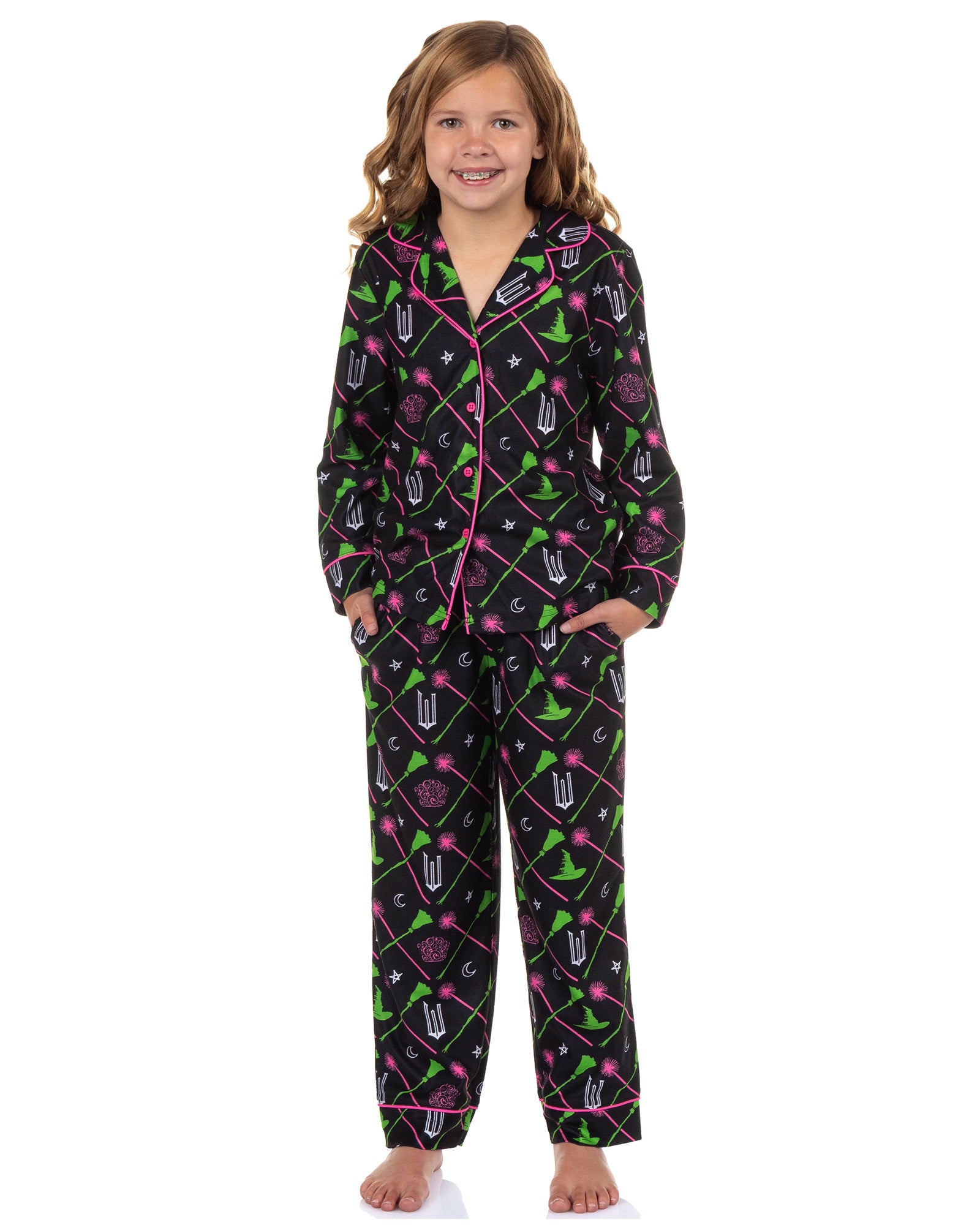 Wicked Pajamas Girls' Elphaba and Glinda Charm Design Long Sleeve Pajama Set