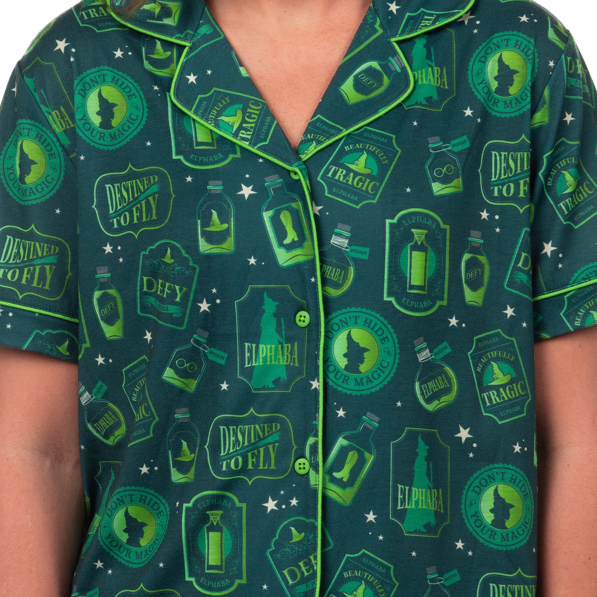 Wicked Pajamas Women's Elphaba Defy Notch Collar Top and Short 2 Piece Set