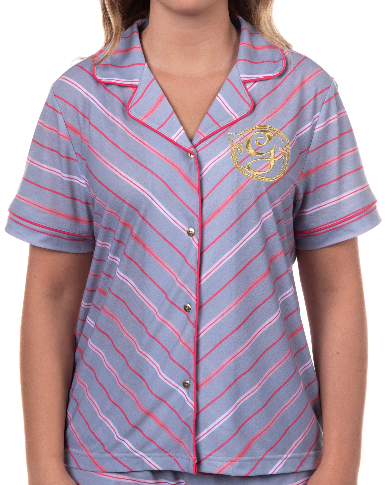 Wicked Women's Glinda Pajamas Striped Uniform Button Top Shorts Pajama Set