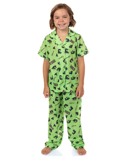 Wicked Girls’ Elphaba Pajamas Chibi Broom Hat Button-Up Shirt Pajama Set for Kids