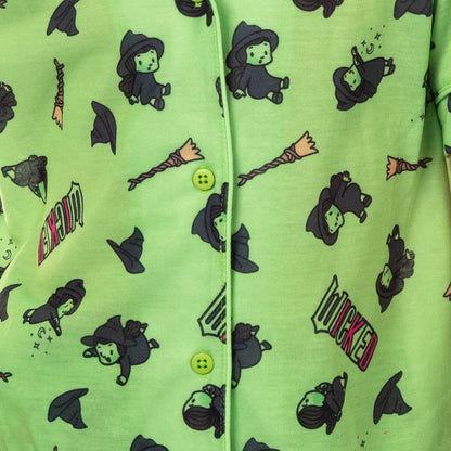 Wicked Girls’ Elphaba Pajamas Chibi Broom Hat Button-Up Shirt Pajama Set for Kids