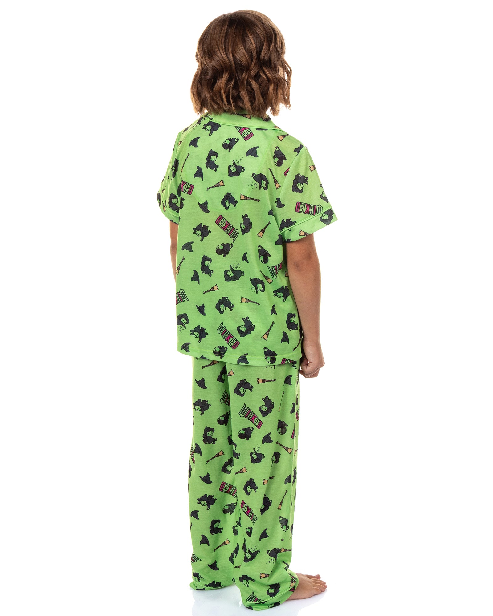 Wicked Girls’ Elphaba Pajamas Chibi Broom Hat Button-Up Shirt Pajama Set for Kids