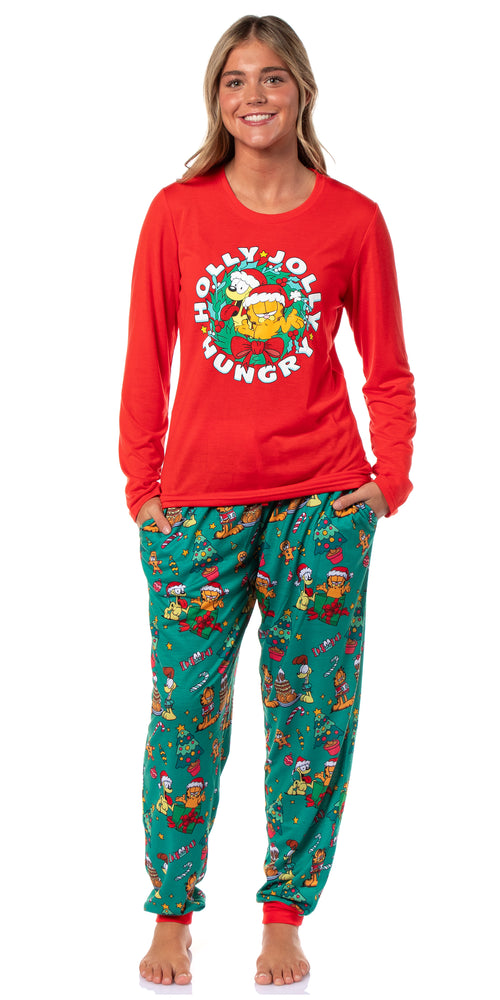 Garfield Women's Holiday Holly Jolly Hungry Long Sleeve Pajama Jogger Lounge Sleep Set