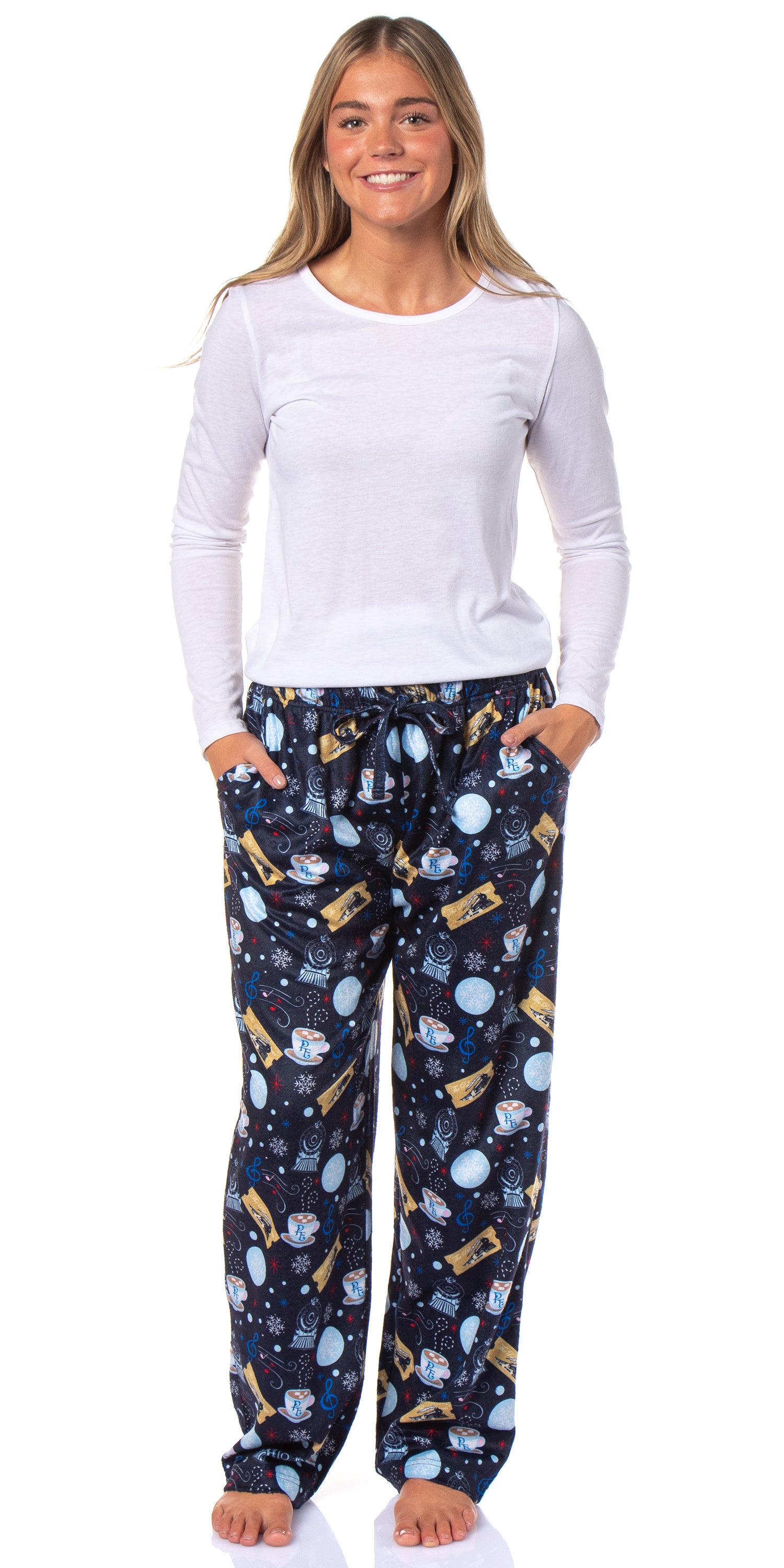 The Polar Express Women's Christmas Train Hot Cocoa Tossed Print Sleep Pajama Pants For Adults