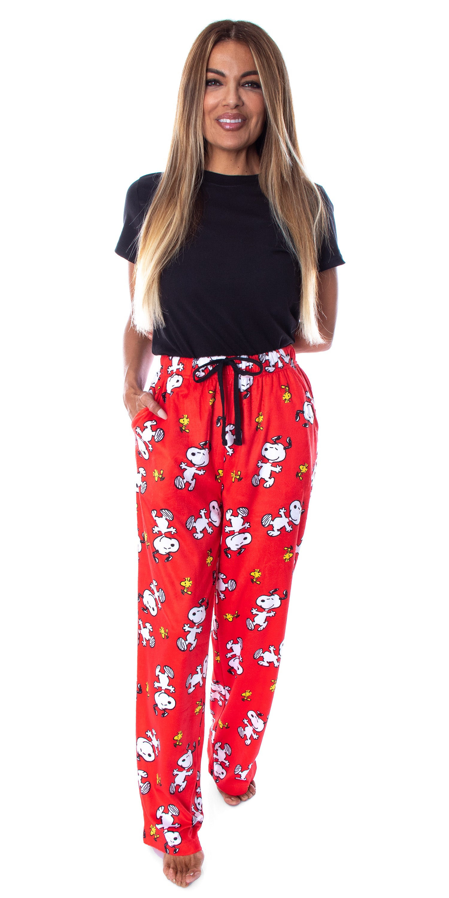 Peanuts Women's Snoopy And Woodstock Allover Print Smooth Touch Fleece  Sleep Bottoms Lounge Pajama Pants