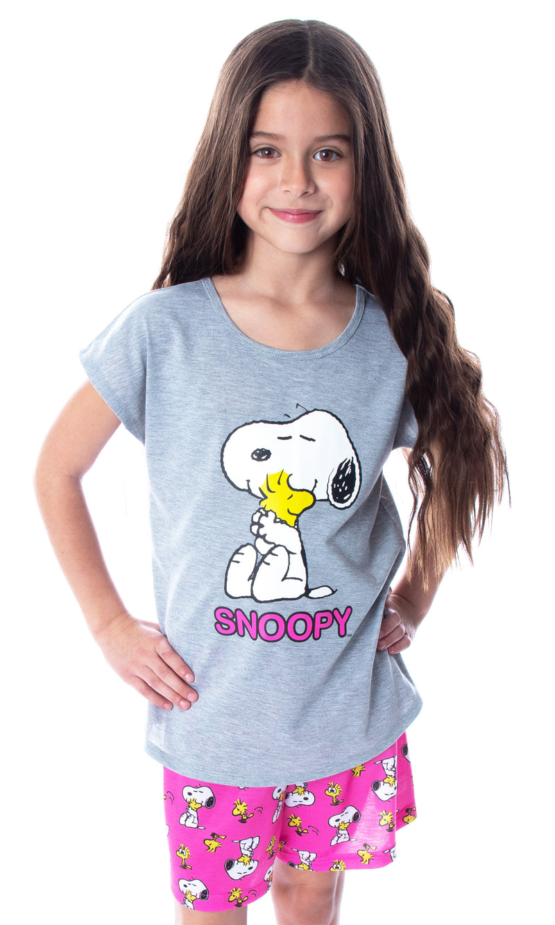 Peanuts Girls' Pajamas Snoopy and Woodstock Shirt And Shorts 2 Piece Pajama Set