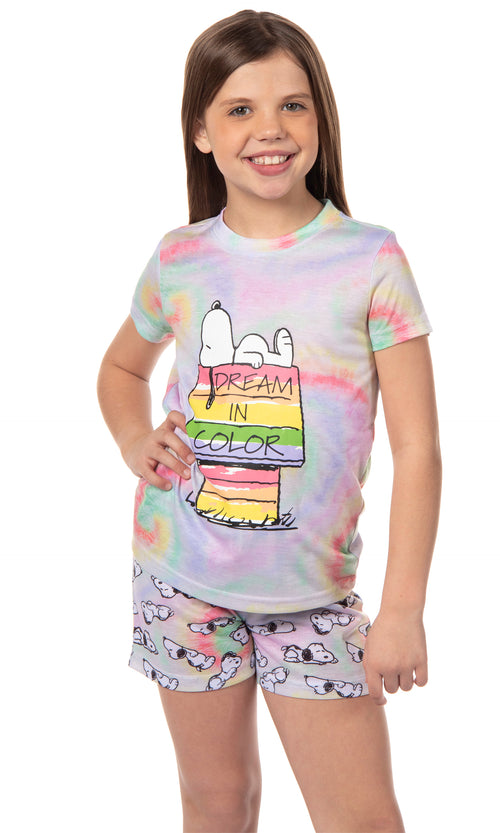 Peanuts Girls' Snoopy Dream In Color Tie-Dye Character Sleep Pajama Set Shorts