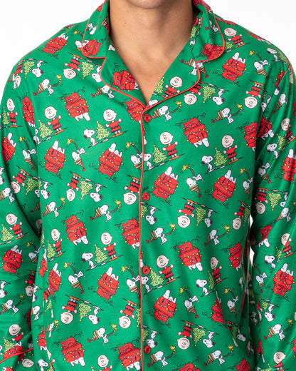 Peanuts Mens' Christmas Snoopy Charlie Brown Button Sleep Pajama Set