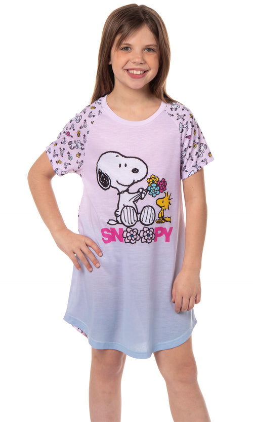Girls' Peanuts Snoopy Woodstock Flowers Friends Nightgown Sleep Pajama Shirt