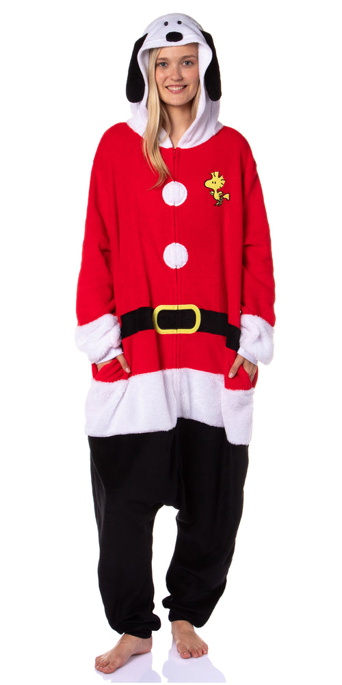 Peanuts Snoopy Christmas Mens' Hooded Union Suit Costume Sleep Pajama For Adults