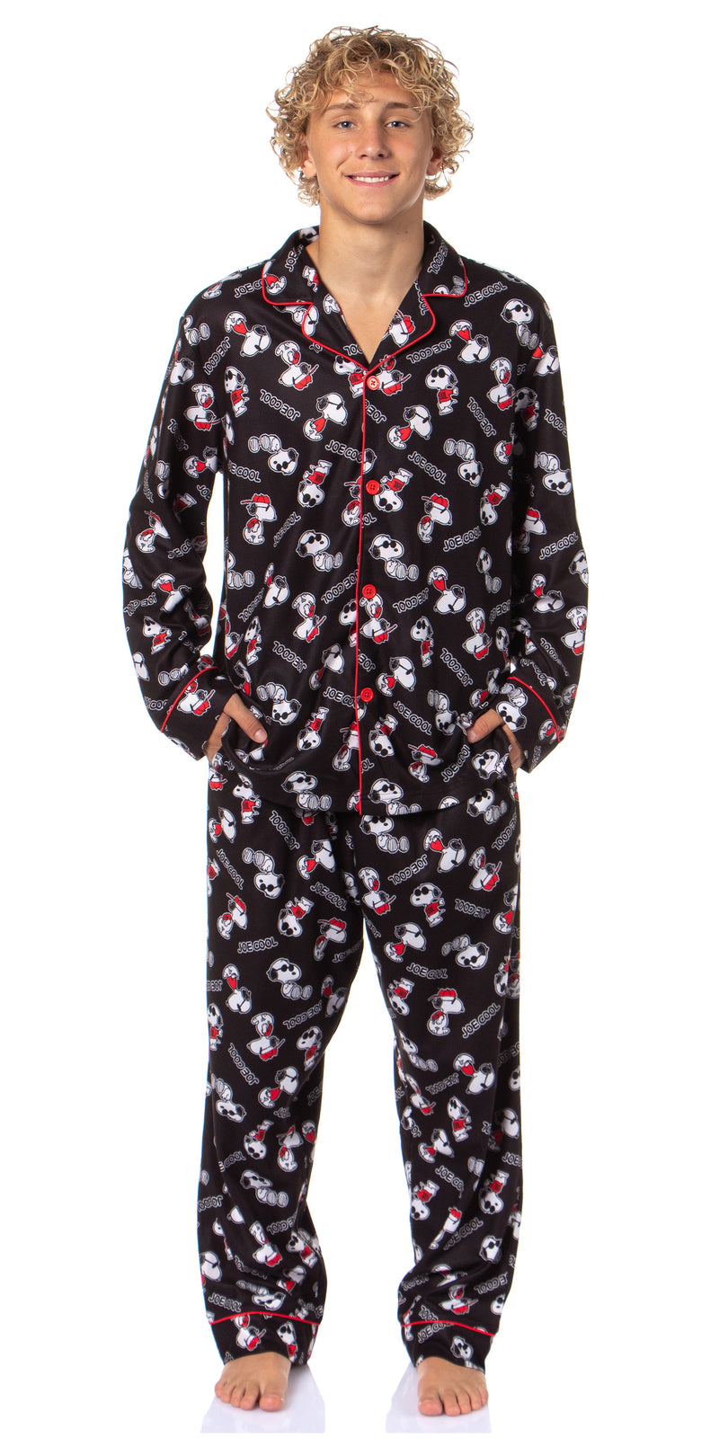 Peanuts Men's Snoopy Joe Cool Classic Pajama Button-up Coat Top with Pants Lounge Sleep Set