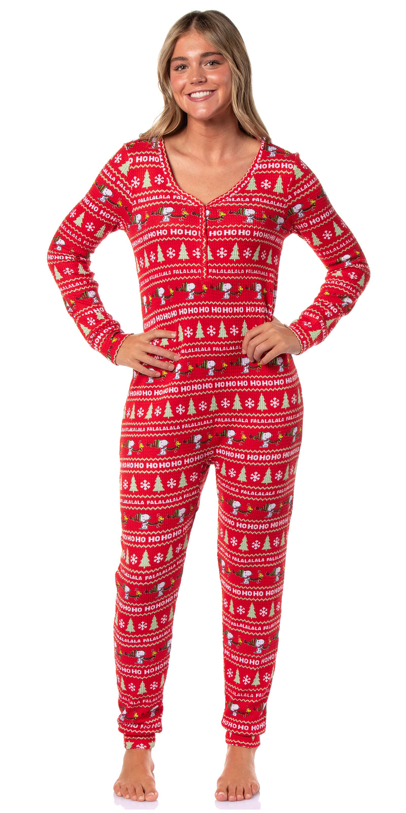 Peanuts Women's Snoopy Ugly Sweater Design Adult One Piece Footless Pajama Loungewear Sleeper Union Suit