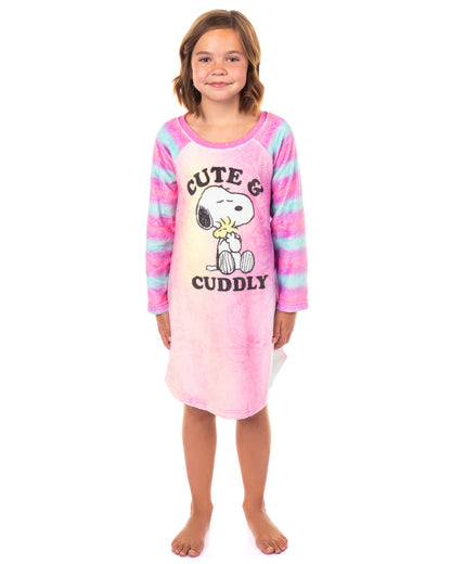 Peanuts Pajama Girl's Snoopy Cute And Cuddly Long Sleeve Fleece Nightgown