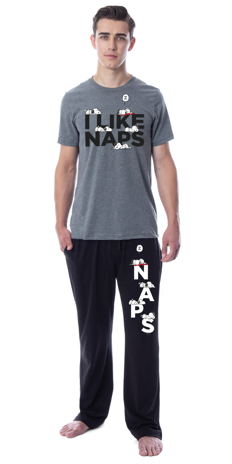 Peanuts Mens' Snoopy I Like Naps Character Sleep Pajama Set Shirt Pants