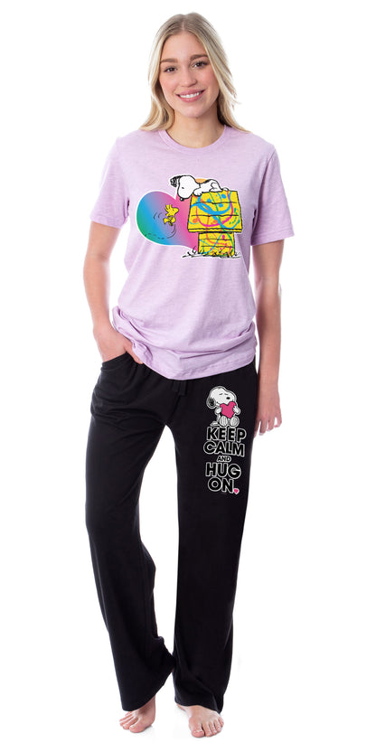 Peanuts Womens' Snoopy Woodstock Keep Calm Hug On Character Splatter Paint Sleep Pajama Set