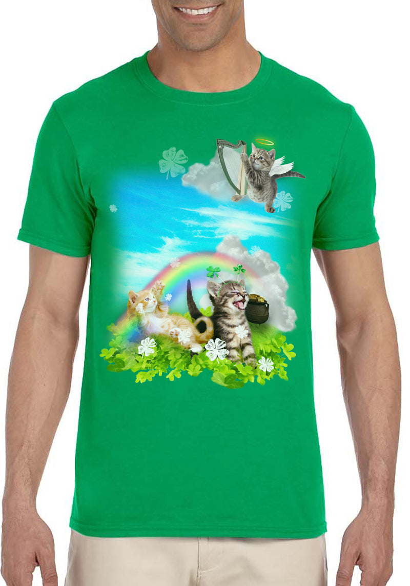 St. Patrick's Day Adult Shirt Green Irish Rainbow Angel Kittens Tee Large