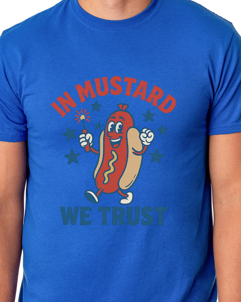 Men's In Mustard We Trust Hot Dog Fireworks Patriotic Funny T-Shirt For Adults