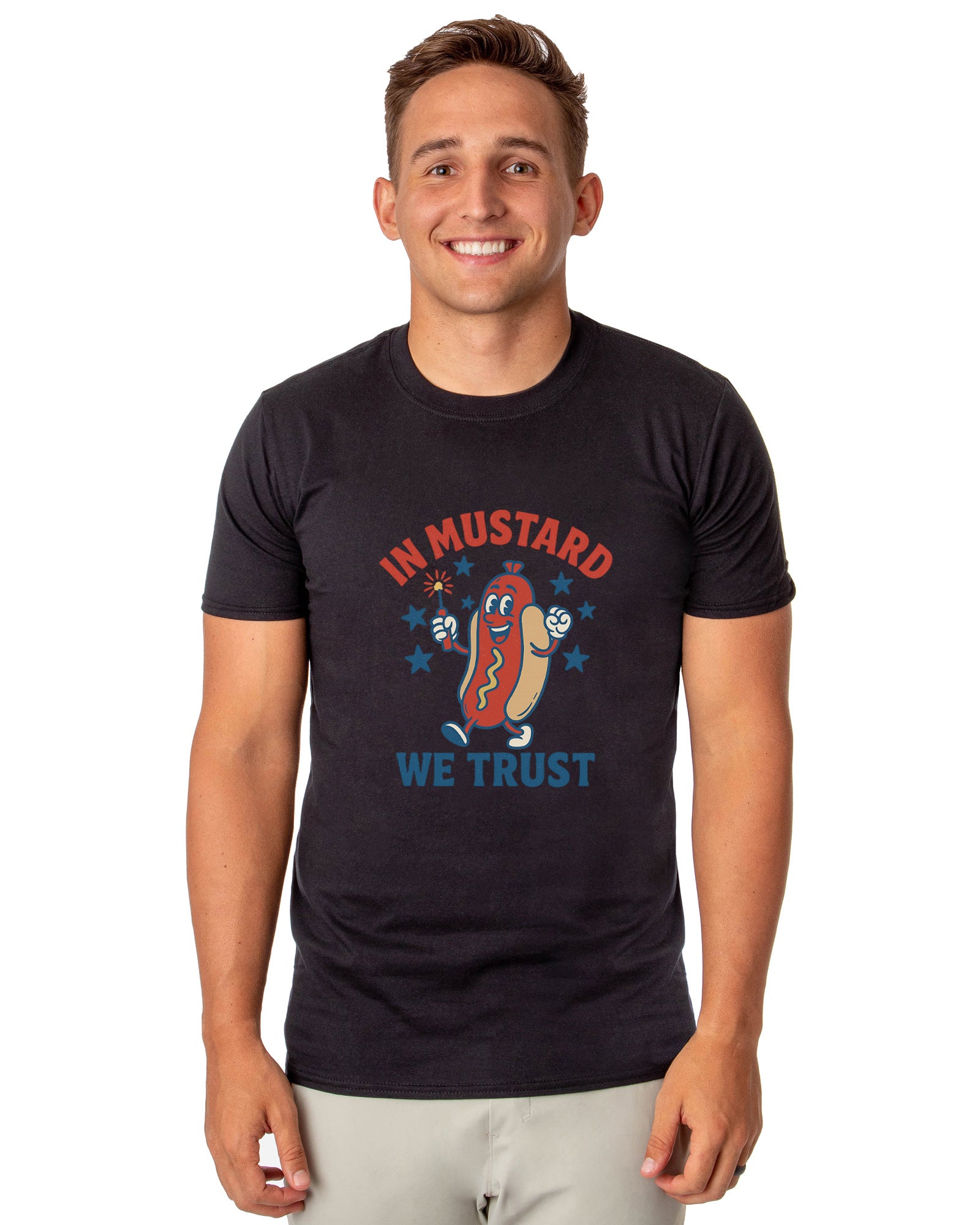 Men's In Mustard We Trust Hot Dog Fireworks Patriotic Funny T-Shirt For Adults