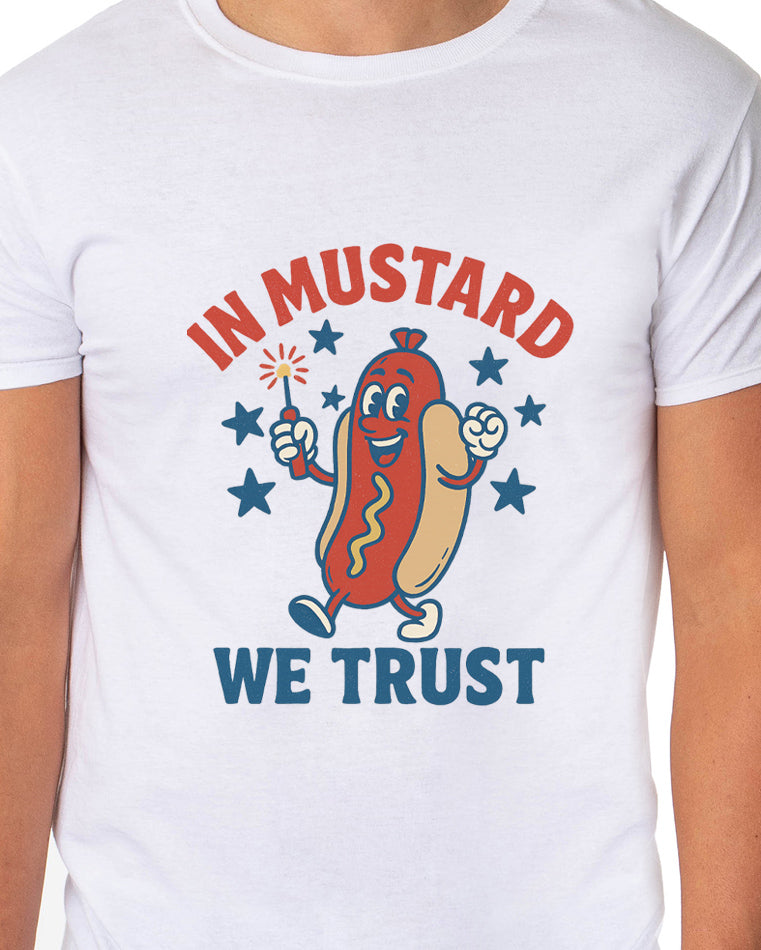 Men's In Mustard We Trust Hot Dog Fireworks Patriotic Funny T-Shirt For Adults
