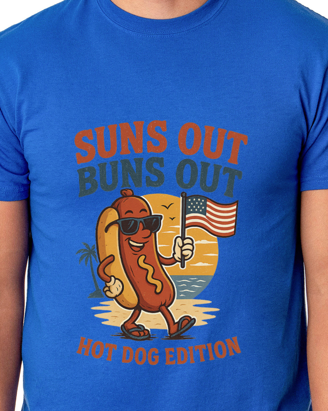 Men's Suns Out Buns Out Hot Dog American Flag Patriotic Funny T-Shirt For Adults