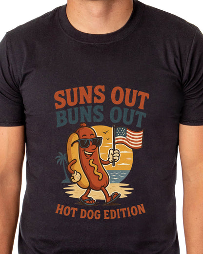 Men's Suns Out Buns Out Hot Dog American Flag Patriotic Funny T-Shirt For Adults