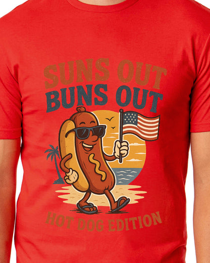 Men's Suns Out Buns Out Hot Dog American Flag Patriotic Funny T-Shirt For Adults