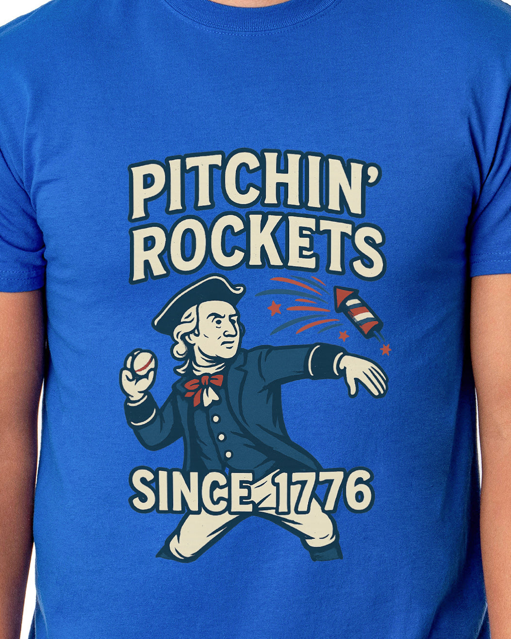 Patriotic T-Shirt Men's George Washington Pitchin' Rockets Since 1776 Adult USA Tee