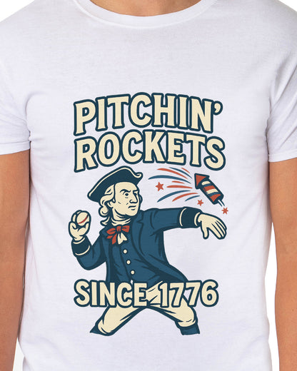 Patriotic T-Shirt Men's George Washington Pitchin' Rockets Since 1776 Adult USA Tee