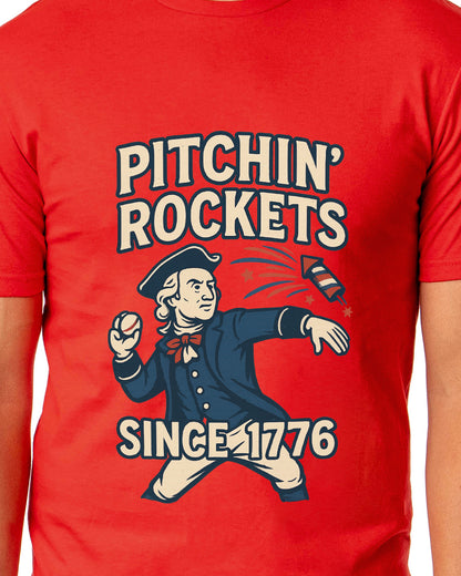 Patriotic T-Shirt Men's George Washington Pitchin' Rockets Since 1776 Adult USA Tee
