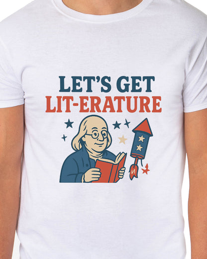 Men's 4th of July Let's Get Lit- Erature America Patriotic Funny T-Shirt
