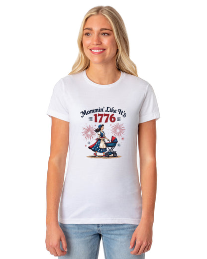 American Inspired T-Shirt Women's Mommin' Like It's 1776 Adult Patriotic Tee (White, X-Large)