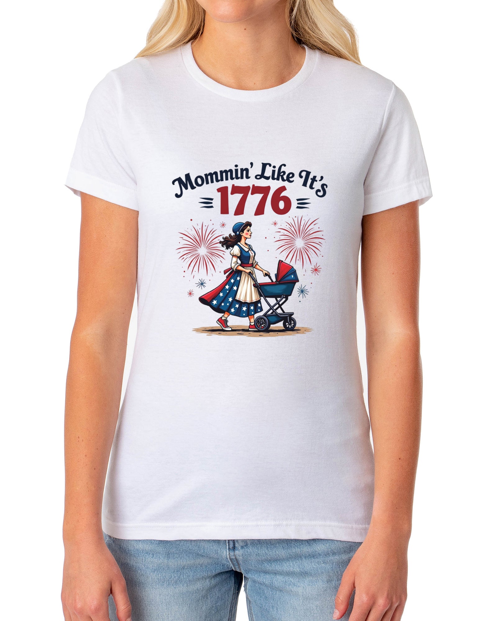 American Inspired T-Shirt Women's Mommin' Like It's 1776 Adult Patriotic Tee (White, X-Large)
