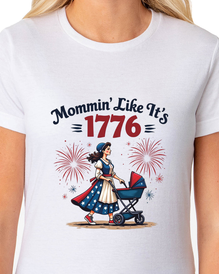 American Inspired T-Shirt Women's Mommin' Like It's 1776 Adult Patriotic Tee (White, X-Large)