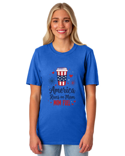 Patriotic T-Shirt Women's America Runs On Mom Fuel USA Adult Novelty  (Blue, Medium)