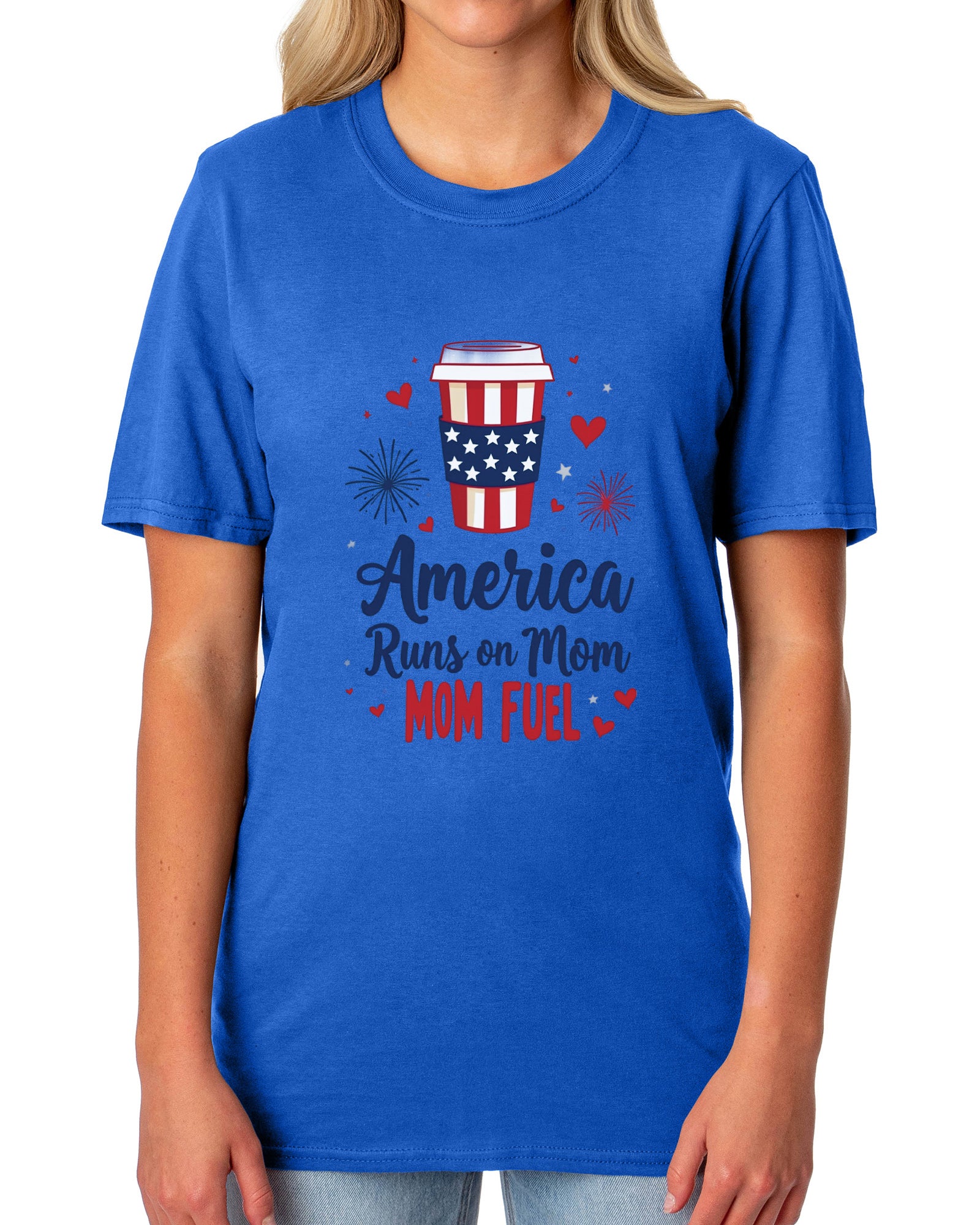 Patriotic T-Shirt Women's America Runs On Mom Fuel USA Adult Novelty  (Blue, Medium)