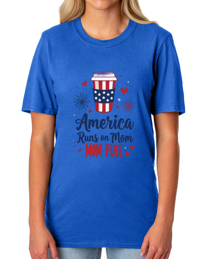Patriotic T-Shirt Women's America Runs On Mom Fuel USA Adult Novelty  (Blue, Medium)