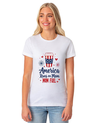 Patriotic T-Shirt Women's America Runs On Mom Fuel USA Adult Novelty Tee (White, Small)
