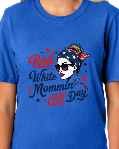American 4Th of July T-Shirt Women's Red White & Mommin' USA Adult Tee
