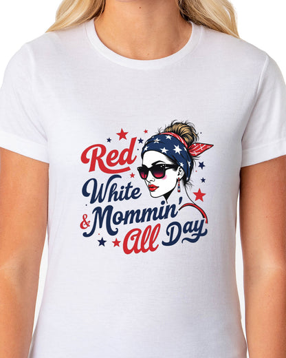 American 4Th of July T-Shirt Women's Red White & Mommin' USA Adult Tee