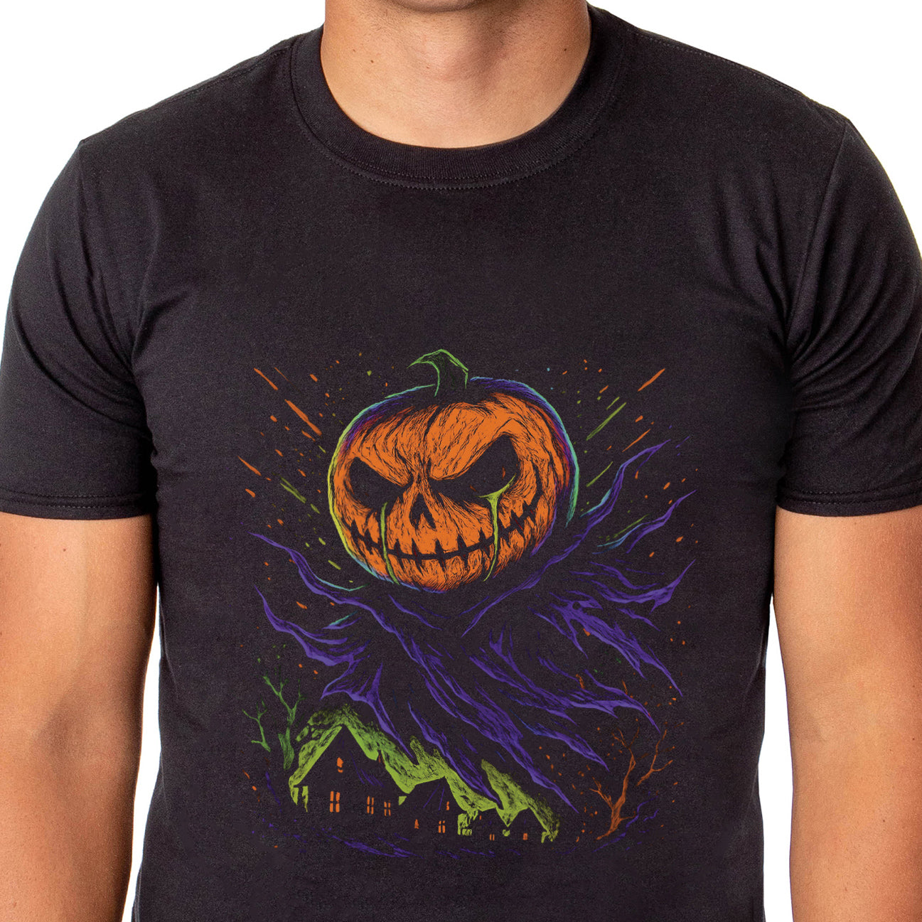 Halloween T-Shirt Men's Crying Pumpkin Scene Short Sleeve Top