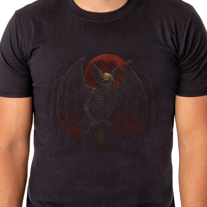 PJammy Halloween T-Shirt Men's Gothic Skeleton Bat and Red Moon