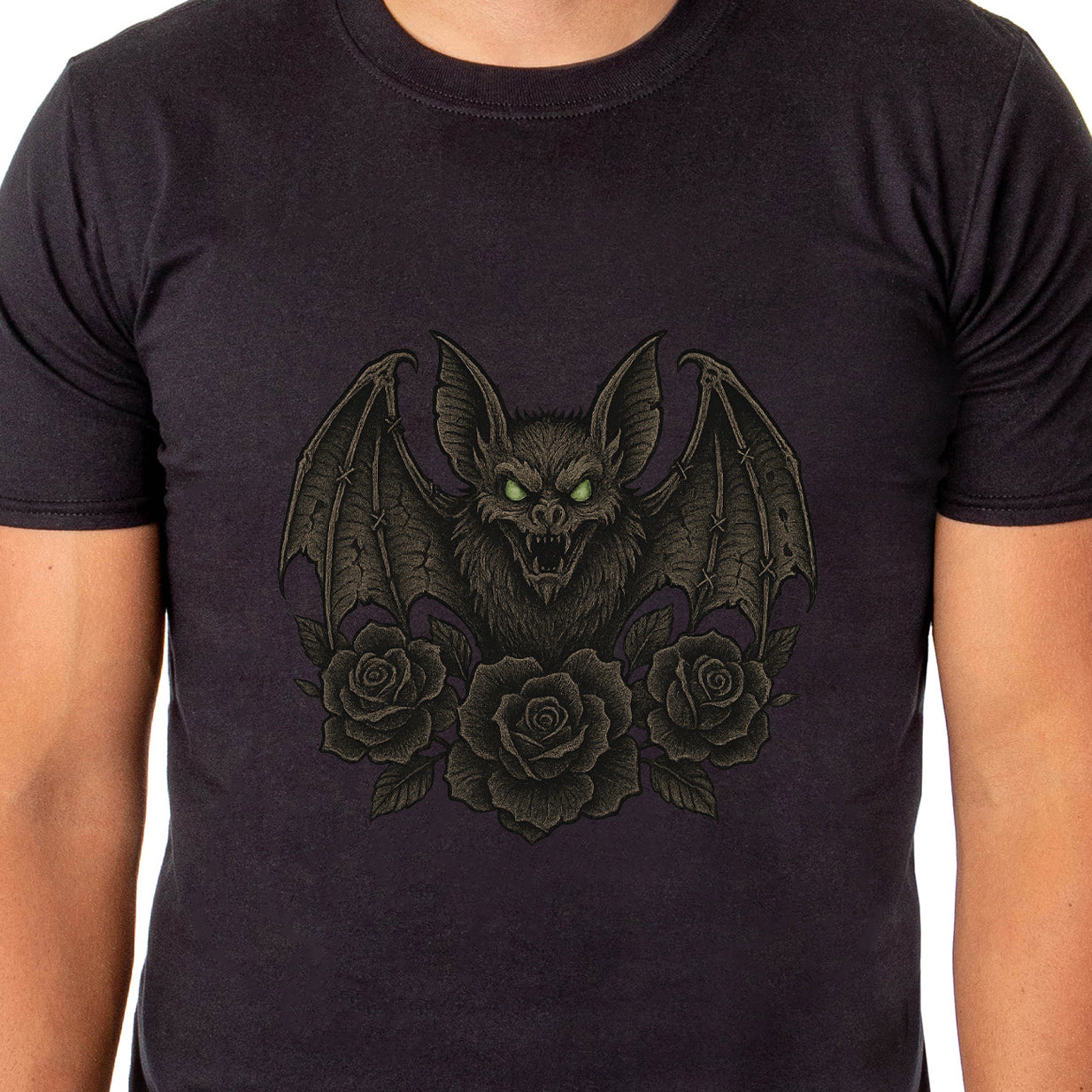 PJammy Halloween T-Shirt Men's Gothic Bat and Black Roses Graphic Tee