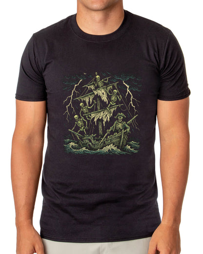 PJammy Halloween T-Shirt Men's Pirate Ship Skeletons Short Sleeve Tee
